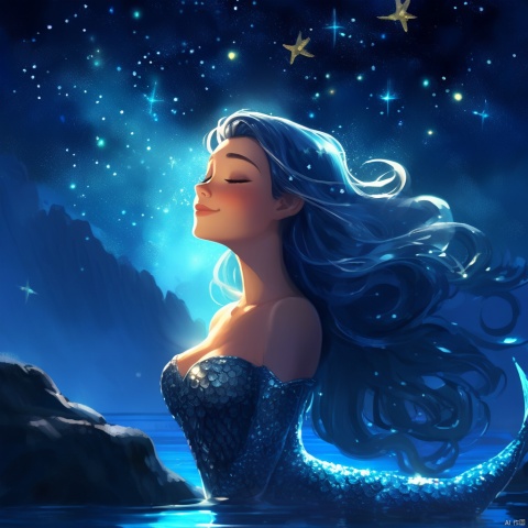 夜深人静之时,人鱼公主浮出水面,仰望满天繁星,她轻闭双眼,向最亮的星星许下愿望,希望能与陆地上的亲人重逢,星光洒落在她的脸上,显得格外圣洁