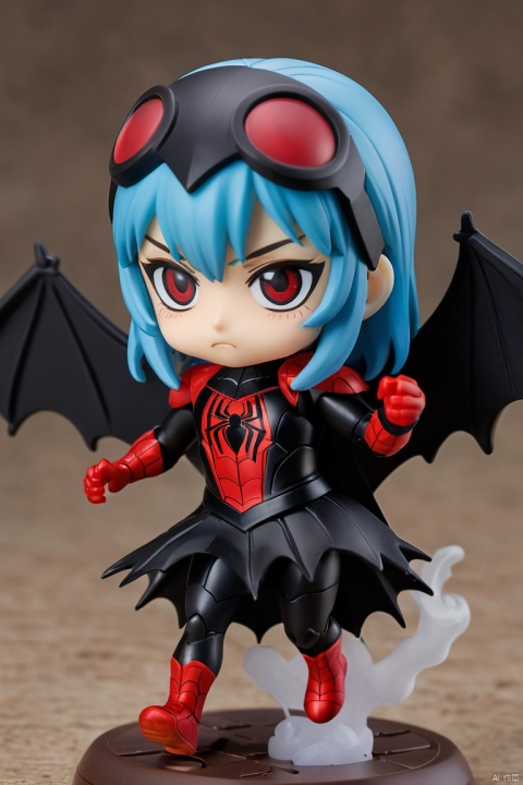 medium shot, nendoroid, spider-man, beard, blank stare, blue hair, drop earrings, body armor, leg warmers, broken horn, arched back, running, cafe, Floating black ashes, red moon, black Wings, burning, black dress, Black fog, Red eyes, black smoke, Black feathers floating in the air,bat, floating black cloud, (masterpiece, best quality, perfect composition, very aesthetic, absurdres, ultra-detailed, intricate details, Professional, official art, Representative work:1.3), Dream Homes