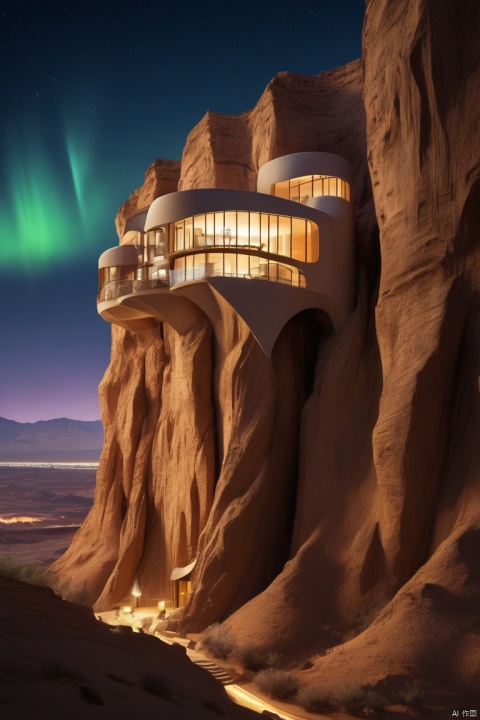 Towering steep and towering high desert canyon cliff resort wild luxury special-shaped hotel's volley design, asymmetric desert canyon, Coexistence with the natural environment, desert canyon night, (aurora), stars, sky aurora bloom, meteors across,moonlight,extremely detailed, best quality, masterpiece, high resolution, Hyperrealistic, top-view, high angle view, low angle view, by Oscar Niemeyer, by Frank Gehry,by Santiago Calatrava, enhance, intricate, (best quality, masterpiece, Representative work, official art, Professional, unity 8k wallpaper:1.3)