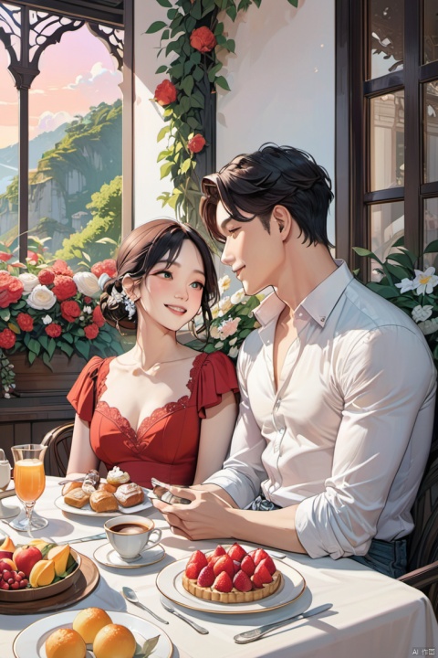 A warm and cozy digital drawing of a couple enjoying a romantic brunch together. happy mood, smile, The woman is wearing a stylish red dress, while the man is dressed in a crisp white shirt and jeans. They are seated at an intimate table set with elegant tableware, including a floral centerpiece. There's a delightful spread of fresh fruit, pastries, and coffee, creating a mood of love and contentment. The background depicts a soft, pastel-colored sky and lush greenery, enhancing the serene atmosphere, (masterpiece, best quality, perfect composition, very aesthetic, absurdres, ultra-detailed, intricate details, Professional, official art, Representative work:1.3)