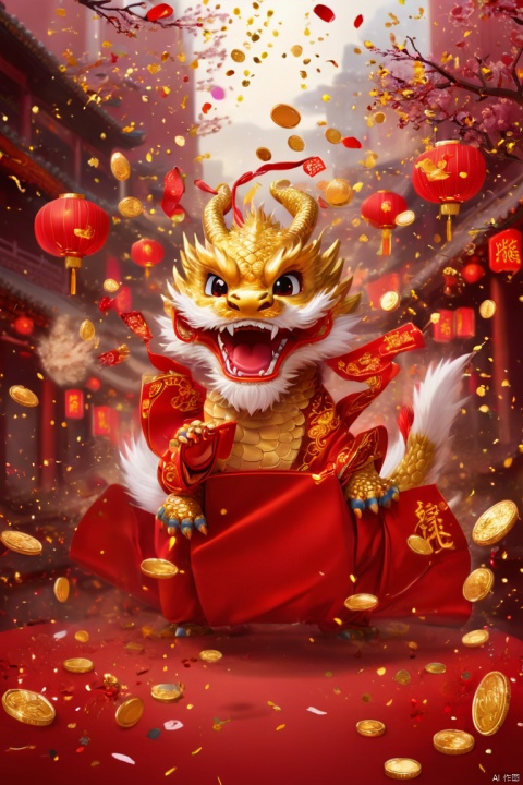 Chinese New Year, oriental dragon, cute dragon cub, big furry head, red clothes, Many gold coins burst out, Many small red envelopes, Red gold confetti, firecrackers, red lanterns, strong festive atmosphere, Chinese elements, Chinese New Year greeting, panoramic view, Ultra high saturation, (best quality, masterpiece, Representative work, official art, Professional, 8k)