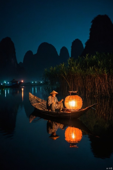 cinematic photo An old Yangshuo cormorant fisherman on his bamboo boat lit by a lantern fishing in the distant waters at night, award winning photo, orange and blue tones, 35mm photograph, film, highly detailed, (best quality, masterpiece, Representative work, official art, Professional, Ultra intricate detailed, 8k:1.3)