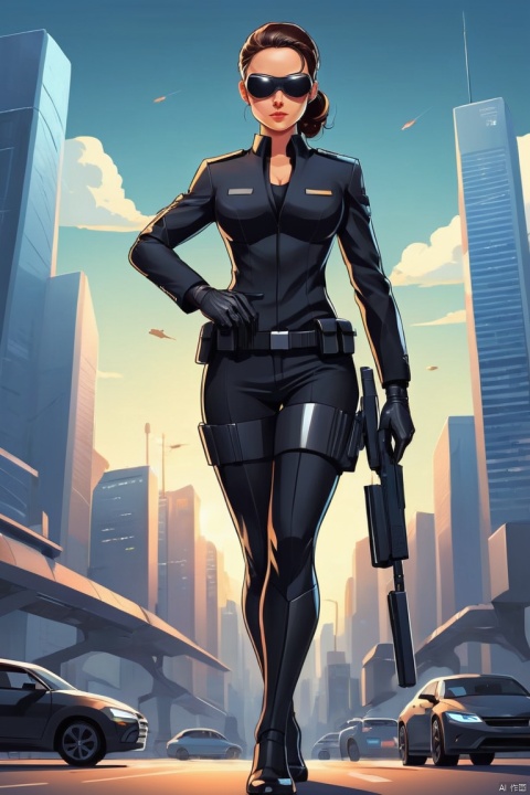 cute cartoon, Vector illustration, A Special Agent wearing a stylish black suit, A futuristic agent equipped with exquisite weapons and equipment,The agent stood firm,Be prepared,Showcasing a variety of high-tech equipment that is seamlessly integrated into the garments。The background should suggest a future urban landscape,Advanced technology and architecture visible。Agent&#39;s equipment includes innovative and advanced gadgets and weapons,Highlighting the advanced nature of the world they live in。The overall image should convey a sense of mystery、A sense of sophistication and cutting-edge technology, (best quality, masterpiece, Representative work, official art, Professional, Ultra intricate detailed, 8k:1.3)