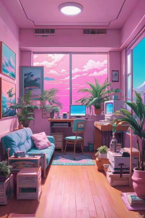Vaporwave Aesthetic, room, Exquisite decoration, neat and tidy, sort, indoor, realism, detailed background, (masterpiece, best quality, perfect composition, very aesthetic, absurdres, ultra-detailed, intricate details, Professional, official art, Representative work:1.3)