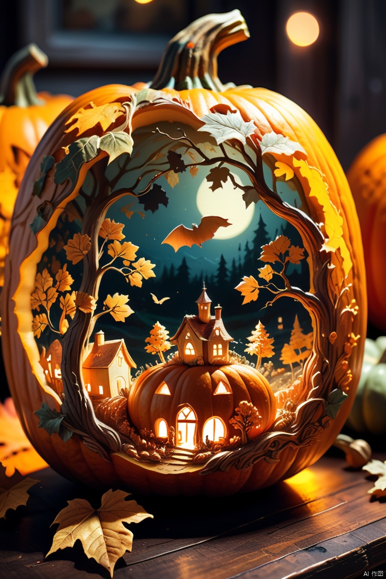 Detailed and intricate scene carvings on pumpkins. Engravings should *********** artistry and intricate designs, Featuring natural elements such as leaves, vine, Maybe there are small creatures like mice or birds that interact with the pumpkins. The scene should be both whimsical and elegant, Show the beauty of autumn with a touch of fantasy. Pumpkins sit on a rustic wooden table, Soft candlelight casts shadows and illuminates detailed works, Adds a magical atmosphere, 3D carving, pumpkin color, octane render, enhance, intricate, HDR, UHD, Relief style, (best quality, masterpiece, Representative work, official art, Professional, 8k wallpaper:1.3)