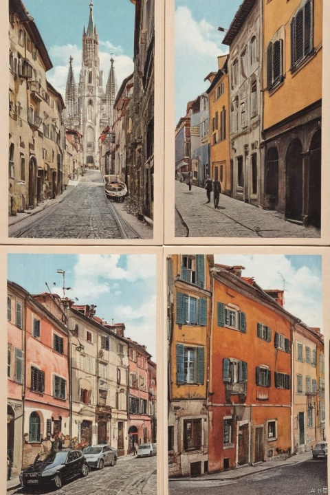 5 postcards wall, modern street, (masterpiece, best quality, perfect composition, very aesthetic, absurdres, ultra-detailed, intricate details, Professional, official art, Representative work:1.3)
