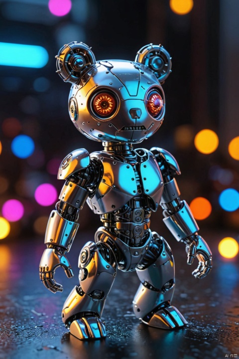 (three-dimensional,Mechanical feel,cute,small voodoo doll,Mechanical doll), Colorful neon lights, High-tech mechanical parts, Metal body, Detailed vibranium flower design, bright colors, Dynamic glowing flowers, Reflective metal surface, bright environment, dynamic poses, Exquisite presence, skill improved, interlocking mechanical gears, Stylish design, motion blur effect, Detailed metal processing, Sci-fi atmosphere, Streamlined aerodynamic shape, Laser scanning pattern, Holographic projection, LED light track, beautiful and unforgettable, Advanced sensors, complex algorithm, Ominous and mysterious atmosphere, electric spark, Shiny chrome plating, Propulsion systems of the future. (Ray tracing, Well-designed, high detail, ultra high definition), (best quality, masterpiece, Representative work, official art, Professional, Ultra intricate detailed, 8k:1.3)