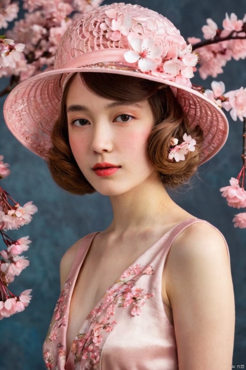 Art Deco, Beautiful girl wearing cherry blossom hat, by Gurwitz, artistic creativity, (best quality, masterpiece, Representative work, official art, Professional, Ultra intricate detailed, 8k:1.3)