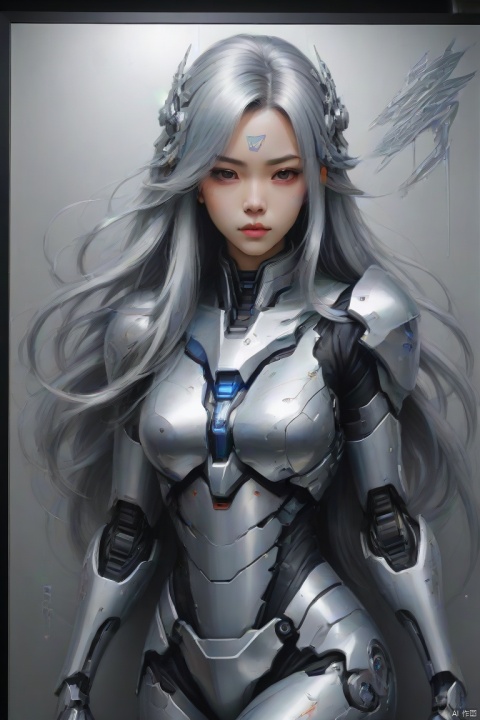 Wall painting, mecha girl painted on the wall, lobby wall, (silver long hair), intricate, (best quality, masterpiece, Representative work, official art, Professional, 8k)