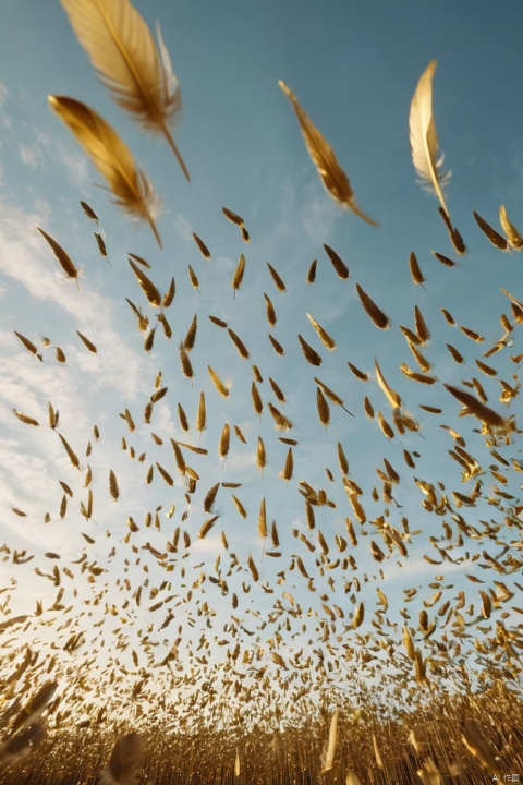 Movie-like still images and dynamic angles, Wide Cinematic shot of small golden feathers floating high in the sky, small golden feathers, floating feathers high in the sky, wide cinematic lens, tyndall effect, a lot of feathers, majestic sky, magical atmosphere, (masterpiece, best quality, perfect composition, very aesthetic, absurdres, ultra-detailed, intricate details, Professional, official art, Representative work:1.3)