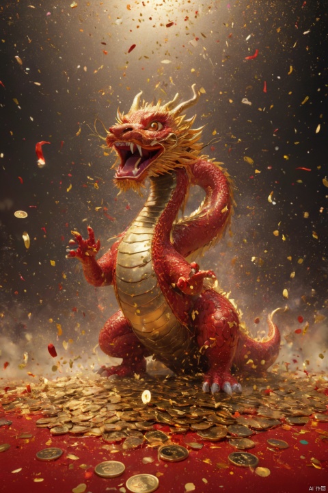 Chinese New Year, oriental dragon, happy, joy, fun. Gold coin rain, Many gold coins burst out, Red and gold confetti, firecrackers, strong festive atmosphere, panoramic view, Ultra high saturation, (best quality, masterpiece, Representative work, official art, Professional, 8k)