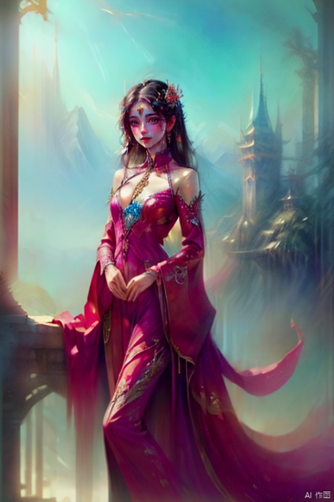 a chinese girl, dragon by side, royal dress, gorgeous, jewelry, earrings, hair ornament, wide sleeves, fantasy art, panoramic view, Ultra high saturation, (best quality, masterpiece, Representative work, official art, Professional, 8k:1.3), watercolor