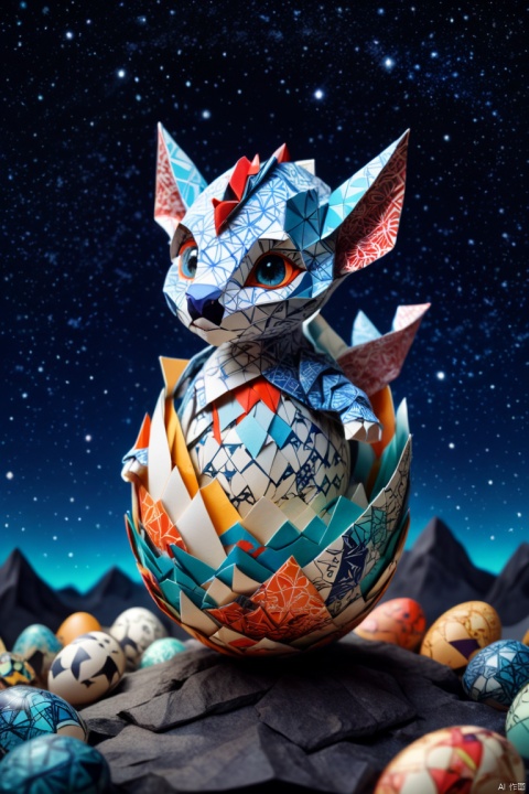 dragon cub raises its small head from the egg, starry sky, zentangle, origami, cinematic, emotional, epic, panoramic, Ultra high saturation, (best quality, masterpiece, Representative work, official art, Professional, 8k)