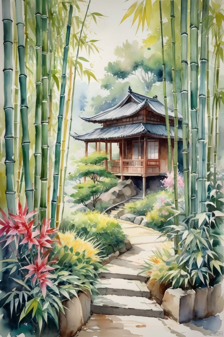 Watercolor, The bamboo path leads to a secluded place, and the meditation room is filled with deep flowers and trees, (masterpiece, best quality, perfect composition, very aesthetic, absurdres, ultra-detailed, intricate details, Professional, official art, Representative work:1.3)
