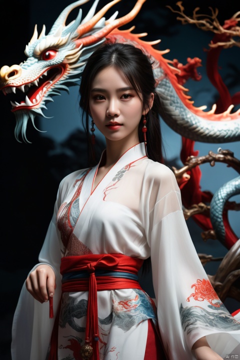 A red girl wearing thin gauze,in a light and flowing outfit intertwined with a dragon,Create a distinct 3D visualization of a miniature Chinese dragon,full of characters and characters,lively in a transitional setting The backlog should be brief,having a clear blue sky or soft clouds,to keep the focus on the dragon's reliable design The dragon itself should have feature realistic textures and a lifestyle,engaging expression,captured in a way that showcases its magnetic,mythical nature in a heartbeat,invading Manner, looking at the camera,(pore:1.2),asia,ultimate details, enhance, intricate, (best quality, masterpiece, Representative work, official art, Professional, unity 8k wallpaper:1.3)
