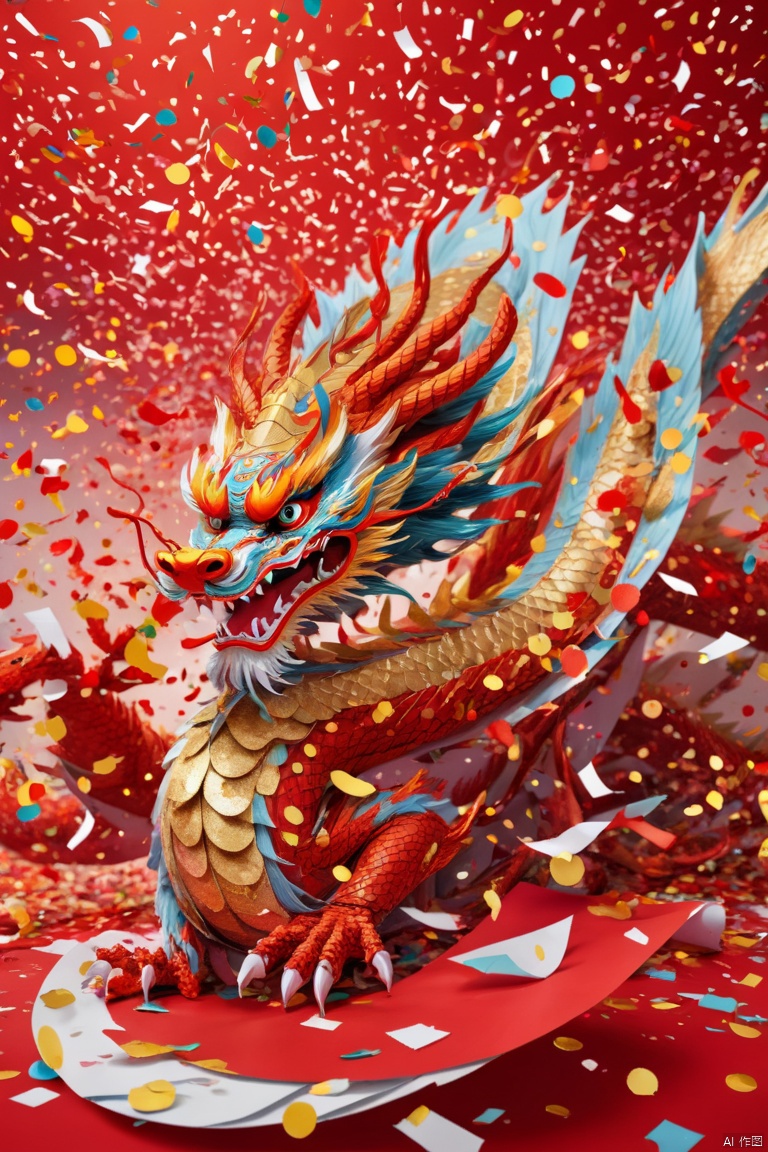 red chinese dragon flying on huge confetti, beautiful details, whole body, elevation angle, The art of paper, panoramic view, Ultra high saturation, (best quality, masterpiece, Representative work, official art, Professional, 8k)