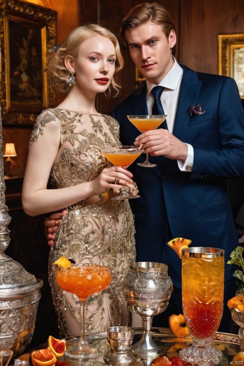 Couple Photo, cocktail party, (masterpiece, best quality, perfect composition, very aesthetic, absurdres, ultra-detailed, intricate details, Professional, official art, Representative work:1.3)