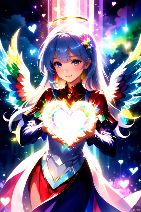 Frieren \(anime artwork\), girl, grey hair, long hair, bangs, angel wings, full body, holding a magic heart, sparkling heart, glowing heart, shimmering heart, pulsating heart, ethereal heart, powerful heart, enchanted heart, magical heart, heart-shaped crystal, hearts floating in the air, rays of light emanating from the heart, misty atmosphere, Rainbow colors, gentle and dreamy lighting, magical aura surrounding the girl, sparkles and glitter surrounding the heart. Enchanting fantasy with a touch of surrealism. diffused lighting with gentle rays of moonlight illuminating the scene, adding a touch of magic and mystery, highres, vivid colors, ultra-detailed, enhance, intricate, (best quality, masterpiece, Representative work, official art, Professional, 8k)