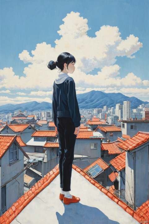 Person Standing on the Rooftop, by Chiho Aoshima, (masterpiece, best quality, perfect composition, very aesthetic, absurdres, ultra-detailed, intricate details, Professional, official art, Representative work:1.3)