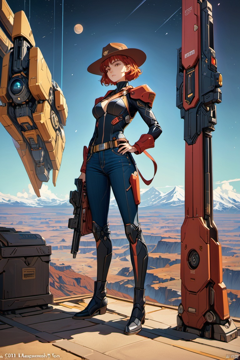  Mid-shot, Cowboy Bebop and Her Robot Guard, Cowboy hat,Laser gun in hand,Full body portrait,a very beautiful woman, Solitary, red short hair, Golden Eyes, young, Tall and strong , Future sci-fi style denim, confident, Serious, Cold and proud, Suspended in the universe, Earth background, Overlooking, (masterpiece, best quality, perfect composition, very aesthetic, absurdres, ultra-detailed, intricate details, Professional, official art, Representative work:1.3)