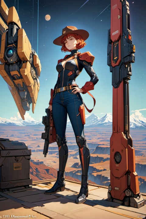 Mid-shot, Cowboy Bebop and Her Robot Guard, Cowboy hat,Laser gun in hand,Full body portrait,a very beautiful woman, Solitary, red short hair, Golden Eyes, young, Tall and strong , Future sci-fi style denim, confident, Serious, Cold and proud, Suspended in the universe, Earth background, Overlooking, (masterpiece, best quality, perfect composition, very aesthetic, absurdres, ultra-detailed, intricate details, Professional, official art, Representative work:1.3)