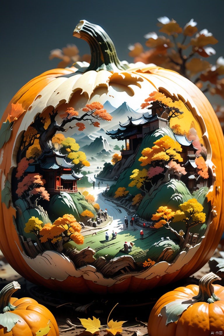 Carving a Chinese pastoral scene on a pumpkin,close to the camera,in the center of the screen,A harmonious blend of warm and cool colors, by Katsuhiro Otomo and Yoji Shinkawa, octane render, (best quality, masterpiece, Representative work, official art, Professional, 8k:1.3)