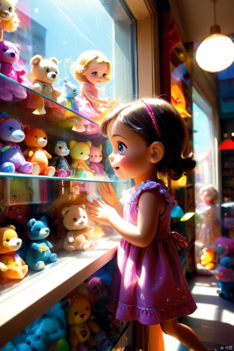 A girl peeking through the window of a toy store, aged 6-10, with sparkling eyes,illustration,playful atmosphere, vibrant colors, sunlight streaming through the window,girl's curiosity and excitement, toys filling the store, a variety of stuffed animals, dolls, action figures, and board games lining the shelves, reflections on the window glass, girl's hands pressing against the glass, a sense of wonder, imagination, and anticipation in her expression, a cozy and welcoming toy store environment, the girl wearing a colorful dress, matching the colorful toys, shadows and highlights creating depth and dimension, capturing the magical moment of childhood joy and innocence, (best quality, masterpiece, Representative work, official art, Professional, unity 8k wallpaper:1.3)