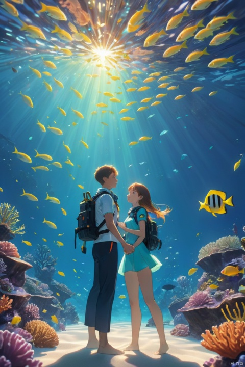 (a couple, beautiful girl and boy), Ocean theme with natural elements, Under the Sea, Surrounded by fish, Luminous Particle Effects,Marine plants, Glowing algae, coral, Particle Effects, Octane Rendering, Ray Tracing, (masterpiece, best quality, perfect composition, very aesthetic, absurdres, ultra-detailed, intricate details, Professional, official art, Representative work:1.3)