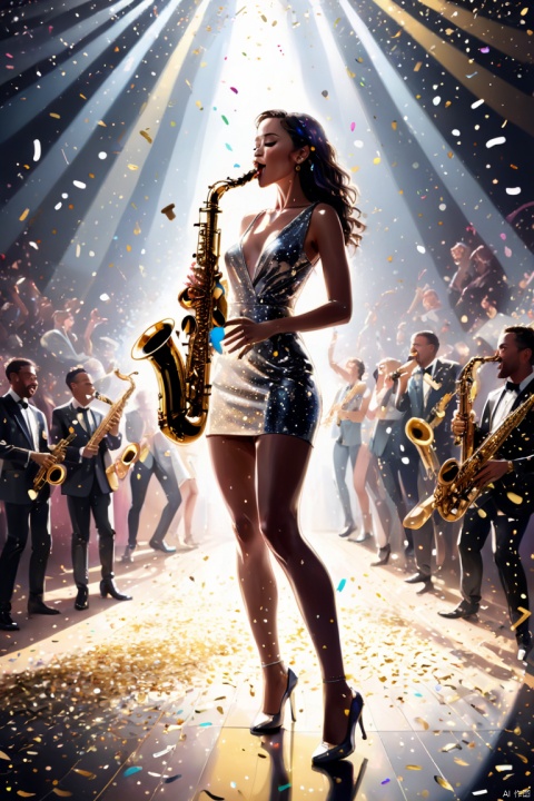 a lady solo, (playing the saxophone), (dynamic posing), (stylish outfit), (holding saxophone in mouth), delicate illustration, ultra-detailed, (silver and gold confetti), dancing down, (music stage) indoors, colorful confetti, spotlight, audience, detailed background, panoramic view, Ultra high saturation, (best quality, masterpiece, Representative work, official art, Professional, 8k)