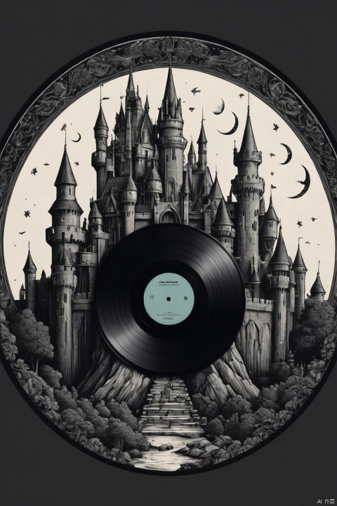 Dream Castle, Black vinyl record, cover design, package design, minimalism art, (masterpiece, best quality, perfect composition, very aesthetic, absurdres, ultra-detailed, intricate details, Professional, official art, Representative work:1.3)