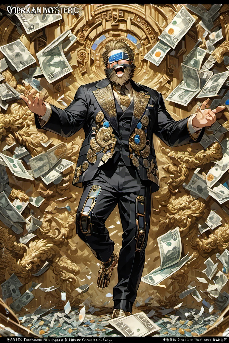  full body,rich man, thick eyebrows, beard, heterochromia, crazy, laughing, short hair, blonde hair, cybernetic prosthesis, eyepatch,Splash paper currency (masterpiece, best quality, perfect composition, very aesthetic, absurdres, ultra-detailed, intricate details, Professional, official art, Representative work:1.3), Dream Homes