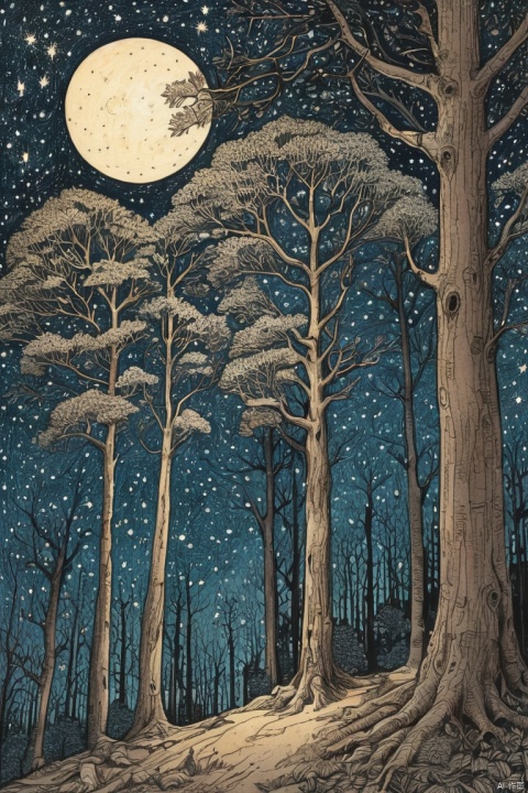 In the tranquil depths of a Starlit forest, ancient trees stand sentinel beneath a canopy of twinkling stars, their branches swaying gently in the night breeze, Marker Drawing, bold marker lines, visibile paper texture, marker drawing, (masterpiece, best quality, perfect composition, very aesthetic, absurdres, ultra-detailed, intricate details, Professional, official art, Representative work:1.3)