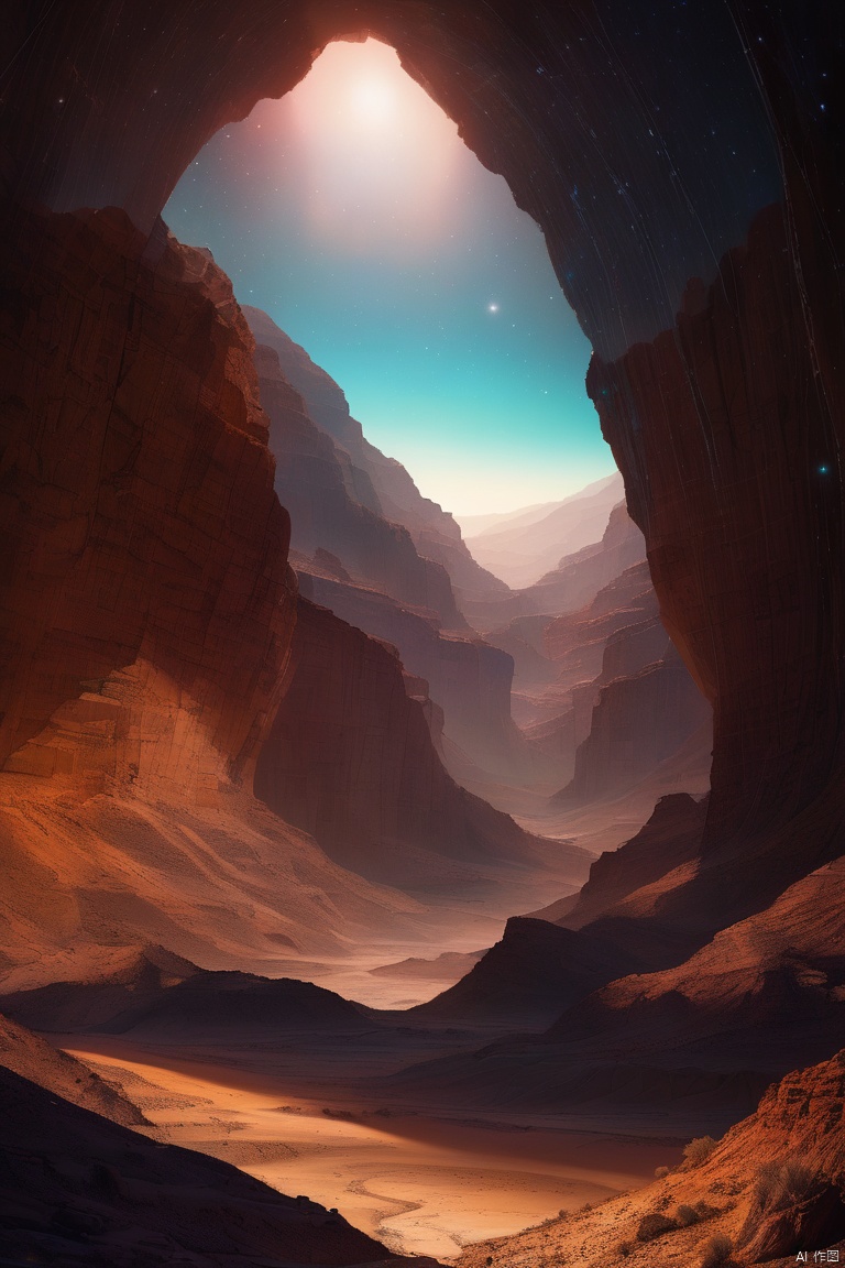 multi-layered basket_light, Wide-angle lens, Ultra-wide angle crisp ray traced rendering, Surreal in vast desert canyon under starry sky with mysterious colorful bright lights, Countless dimensions are intertwined. Huge mountains contain the mysterious sheer cliffs of the universe, narrow passage, Deep valley bottom, magnificent canyon scenery, wide-angle movie aesthetics, high-definition fantasy art, enhance, intricate, (best quality, masterpiece, Representative work, official art, Professional, unity 8k wallpaper:1.3)