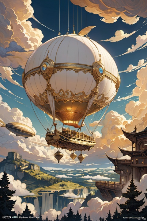 A beautiful ivory and gold dirigible floating gracefully amongst the clouds. The dirigible has intricate details with its ivory-colored body and gold accents. The craftsmanship is of the highest quality, with exquisite engravings and delicate patterns. The clouds surrounding the dirigible create a dreamy and ethereal atmosphere. The sunlight filters through the clouds, casting a golden glow on the airship. The scene is captured in a medium of digital illustration, combining the realism of photography with the artistic touch of concept art. The colors are vibrant and vivid, with a warm color palette dominated by gold and ivory tones. The lighting is soft yet dramatic, emphasizing the elegance and grandeur of the dirigible. The overall image quality is exceptional, with ultra-detailed elements and a high-resolution rendering. Every minute detail, from the individual clouds to the smallest gold embellishment, is immaculately represented. The prompt is carefully designed to generate a visually stunning and awe-inspiring image of an ivory and gold dirigible floating amidst the clouds, (masterpiece, best quality, perfect composition, very aesthetic, absurdres, ultra-detailed, intricate details, Professional, official art, Representative work:1.3)