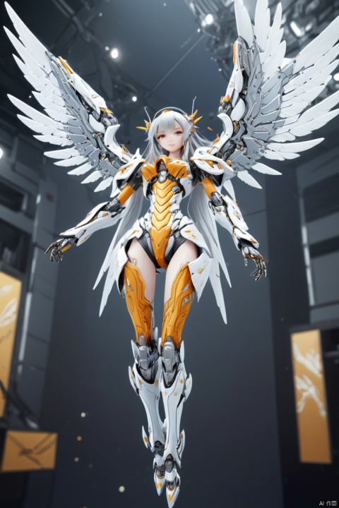 a mecha girl, silver long hair, full-body pose, mechanical wings, dynamic angle, (3d framed embroidery, macro detailed stitching, intricate fabric texture), (best quality, masterpiece, Representative work, official art, Professional, unity 8k wallpaper:1.3)