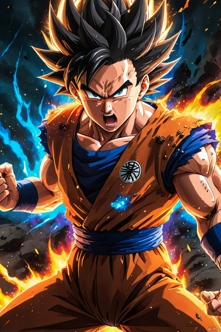 DragonBall, goku,vegeta,stern expressions,spiky hair,fighting stances,fierce battle,anime style,neon colors,vibrant aura,energy blasts,explosions,super saiyan transformations,lightning effects,scorching flames,high-intensity action,galactic background,cracked planet surface,cosmic energy, (best quality, perfect masterpiece, Representative work, official art, Professional, high details, Ultra intricate detailed:1.3)