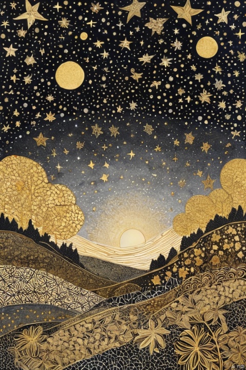 gold tones, stars full sky, zentangle lanscape, Gold Leaf Art, (masterpiece, best quality, perfect composition, very aesthetic, absurdres, ultra-detailed, intricate details, Professional, official art, Representative work:1.3)