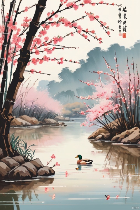 some peach blossoms and bamboos in the spring river. The peach blossoms are in full bloom, the graceful pink is swaying at the water's edge, and the water of the Spring River is warm and serene. A smart duck swims in the water, as if it can predict the arrival of spring. Ink painting style, ink art, (masterpiece, best quality, perfect composition, very aesthetic, absurdres, ultra-detailed, intricate details, Professional, official art, Representative work:1.3)