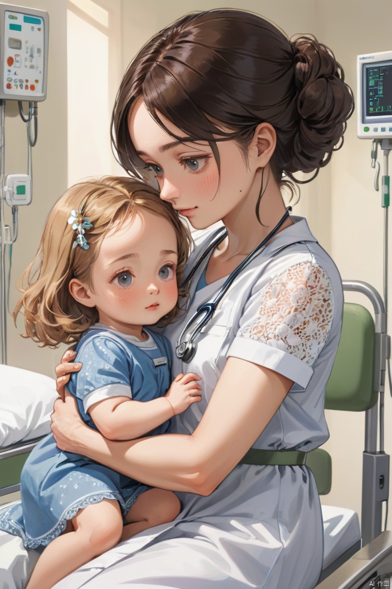 mother and cute daughter, hospital, (masterpiece, best quality, perfect composition, very aesthetic, absurdres, ultra-detailed, intricate details, Professional, official art, Representative work:1.3)