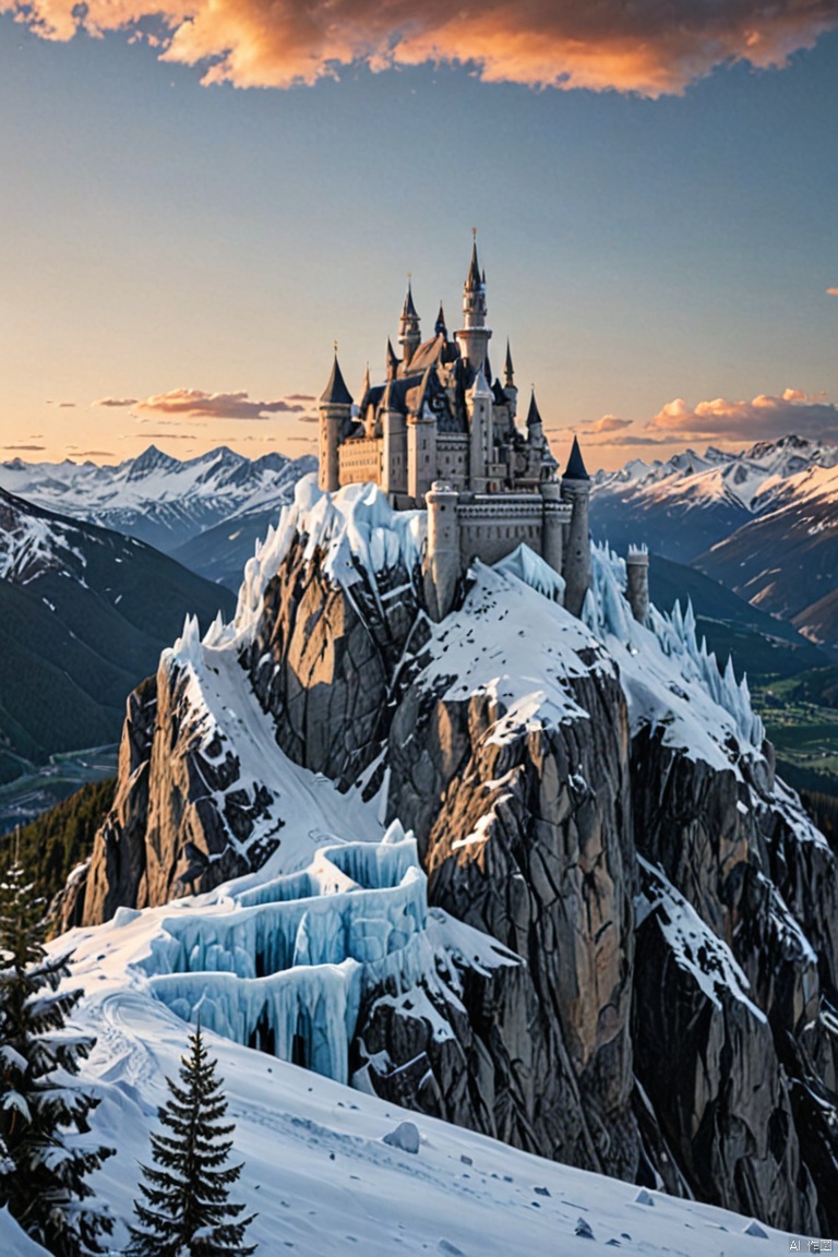 a panoramic award winning photography, Photorealistic, extremely detailed of a castle made from (ice: 1.3) made_of_ice standing on the peak of a snowy mountain, an impressive best detailed castle made from ice (Photorealistic, extremely detailed), with towers, bridges, a moat filled with lava (Photorealistic, extremely detailed), standing on top of a snowy mountain (masterpiece, extremely detailed, best quality), with pine trees, sunset light, some clouds in the air, alpine mountain range background, best realistic, best details, best quality, 16k, [ultra detailed], masterpiece, best quality, (extremely detailed), ultra wide shot, photorealism, depth of field, faize, (masterpiece, best quality, perfect composition, very aesthetic, absurdres, ultra-detailed, intricate details, Professional, official art, Representative work:1.3)