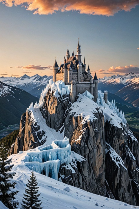 a panoramic award winning photography, Photorealistic, extremely detailed of a castle made from (ice: 1.3) made_of_ice standing on the peak of a snowy mountain, an impressive best detailed castle made from ice (Photorealistic, extremely detailed), with towers, bridges, a moat filled with lava (Photorealistic, extremely detailed), standing on top of a snowy mountain (masterpiece, extremely detailed, best quality), with pine trees, sunset light, some clouds in the air, alpine mountain range background, best realistic, best details, best quality, 16k, [ultra detailed], masterpiece, best quality, (extremely detailed), ultra wide shot, photorealism, depth of field, faize, (masterpiece, best quality, perfect composition, very aesthetic, absurdres, ultra-detailed, intricate details, Professional, official art, Representative work:1.3)