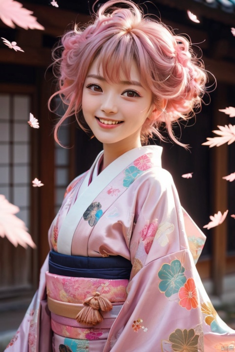 cute girl smiling, excited look, pink messy hair, wind, wind-effect, sparkling light brown eyes, wearing chic Japanese kimono fashion, fantastic and mysterious, variety of visual styles that combine various artistic elements like a sparkling iridescent pastel and vivid colors (masterpiece, best quality, perfect composition, very aesthetic, absurdres, ultra-detailed, intricate details, Professional, official art, Representative work:1.3), Dream Homes