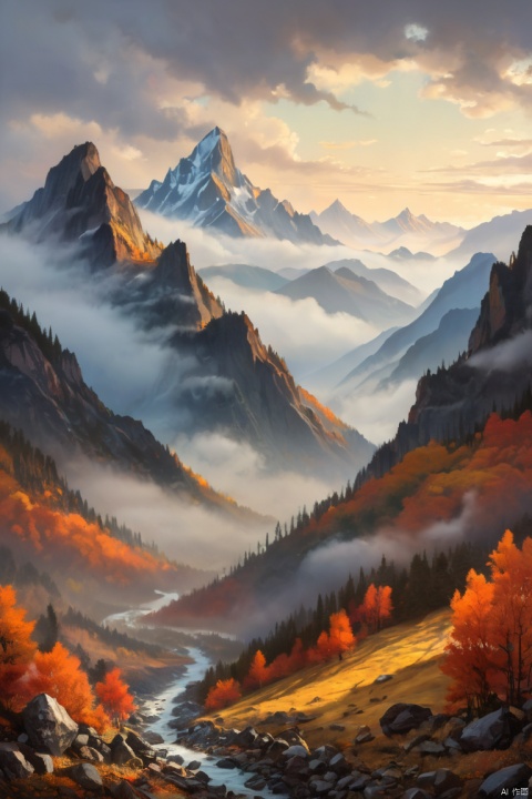 A misty mountain landscape, (lampwork glass art style), warm, glowing colors, sense of depth and mystery, set against a backdrop of a (mountain range), soft and ethereal mist enshrouding the peaks, photorealistic, sharp focus, cinematic, dramatic sky, sense of tranquility, (masterpiece, best quality, perfect composition, very aesthetic, absurdres, ultra-detailed, intricate details, Professional, official art, Representative work:1.3)