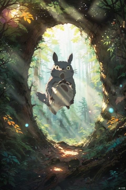 Squirrel inside a tree hole, Anime, Soft color, studio ghibli, ghibli style, soft tone, lense flare, 90s film style, forest, hills, hue, anime, Cinematic, high detail, Fujicolor, UHD, retina, super detail, panoramic, Ultra high saturation, bright and vivid colors, intricate, (best quality, masterpiece, Representative work, official art, Professional, 8k)