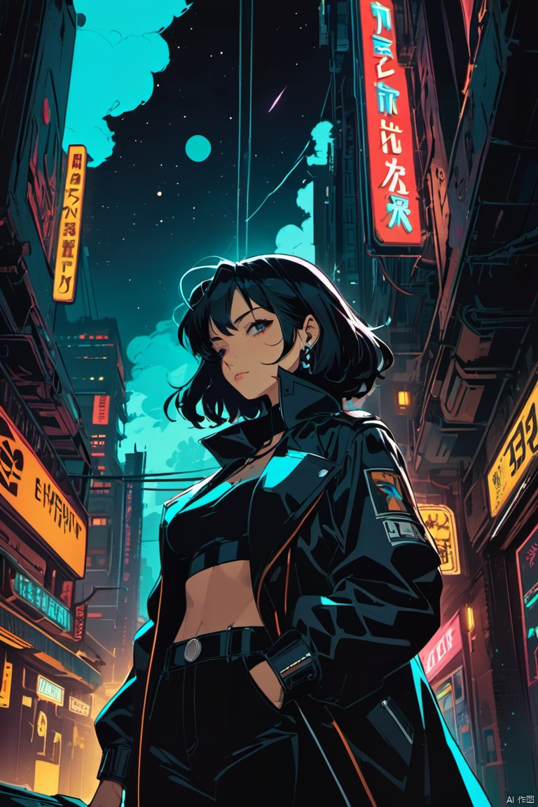 Cowboy Bebop Jet Black, acrylic painting, cyberpunk elements, space adventure, stylish costumes, iconic spaceship, artistic brushstrokes, atmospheric haze, neon lights, iconic logo, retro aesthetics, comic book style, smoke effects, dramatic shadows, dramatic angles, bold typography, contrasted tones, film noir vibes, cinematic atmosphere, immersive details, vintage textures, filmic lens flares, nostalgic vibes, galaxy background, (masterpiece, best quality, perfect composition, very aesthetic, absurdres, ultra-detailed, intricate details, Professional, official art, Representative work:1.3)