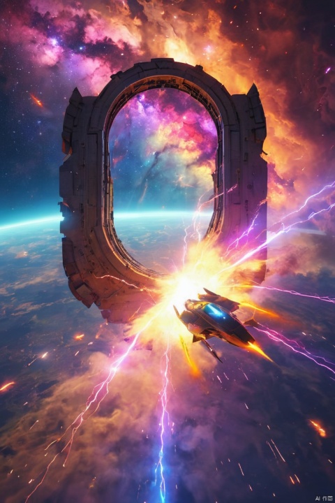 lightning bolts flying through a portal racing through a colorful nebula, mood exhilarating, lighting glowing from nebula, perspective dynamic forward motion, texture ethereal and luminous, (masterpiece, best quality, perfect composition, very aesthetic, absurdres, ultra-detailed, intricate details, Professional, official art, Representative work:1.3)