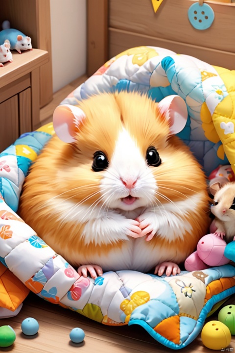 A cute example, hamster's nest, hamster's parent-child: animal: cute: Nestle: sleeping: comfortable and warm: looking happy, an example, pop music, full color, color, dimness, lighting, hamster's parent-child: sleeping in a happy dream, warm and happy nest, full color, want, fantasy, patchwork: quilt, detailed details, fluffy, Randolph Cadik style, hamster, the highest A cute hamster, Fluffy Hamster, panoramic, Ultra high saturation, bright and vivid colors, intricate, (best quality, masterpiece, Representative work, official art, Professional, 8k)