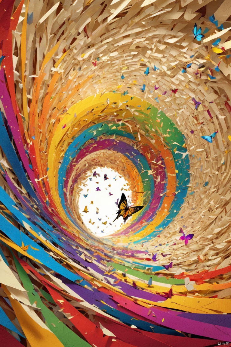 Colorful shredded paper resembles a butterfly spinning wildly in a vortex, sucked into a huge golden hole, fantasy art, keith mallett style, beautiful details, panoramic view, Ultra high saturation, (best quality, masterpiece, Representative work, official art, Professional, 8k)