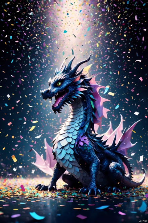 Cute Sky dragon, bright confetti falling like raindrops, stunning illustrations, colorful confetti with kaleidoscope, dark fantasy world, fascinated by dark and fantasy world, confetti fluttering in the air, dark fantasy world against the background, repeated in a systematic manner. Careful attention is paid to the writing style of the dark fantasy world. Fantasy World, Every stunning detail and enticing sight of this fairyland, from exquisite costumes to intricate backgrounds, captivating effects take you into a wonderful land. Exquisite and detailed illustrations, stunning visual effects, light and shadow, high quality, high resolution, color contrast, panoramic view, Ultra high saturation, (best quality, masterpiece, Representative work, official art, Professional, 8k)