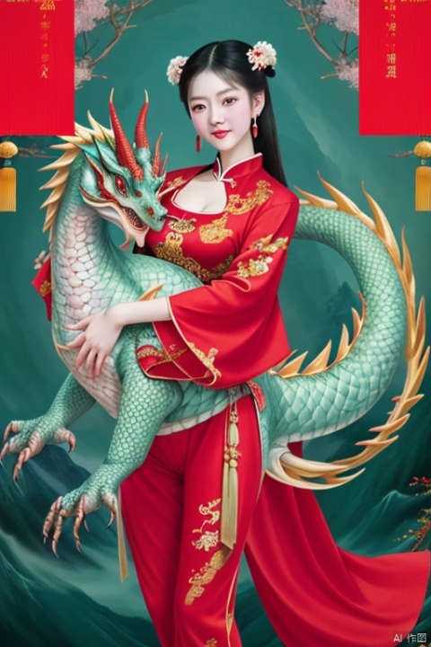 a chinese girl with a Eastern dragon, red clothes, jewelry, earrings, hair ornament, wide sleeves, panoramic view, Ultra high saturation, (best quality, masterpiece, Representative work, official art, Professional, 8k:1.3)